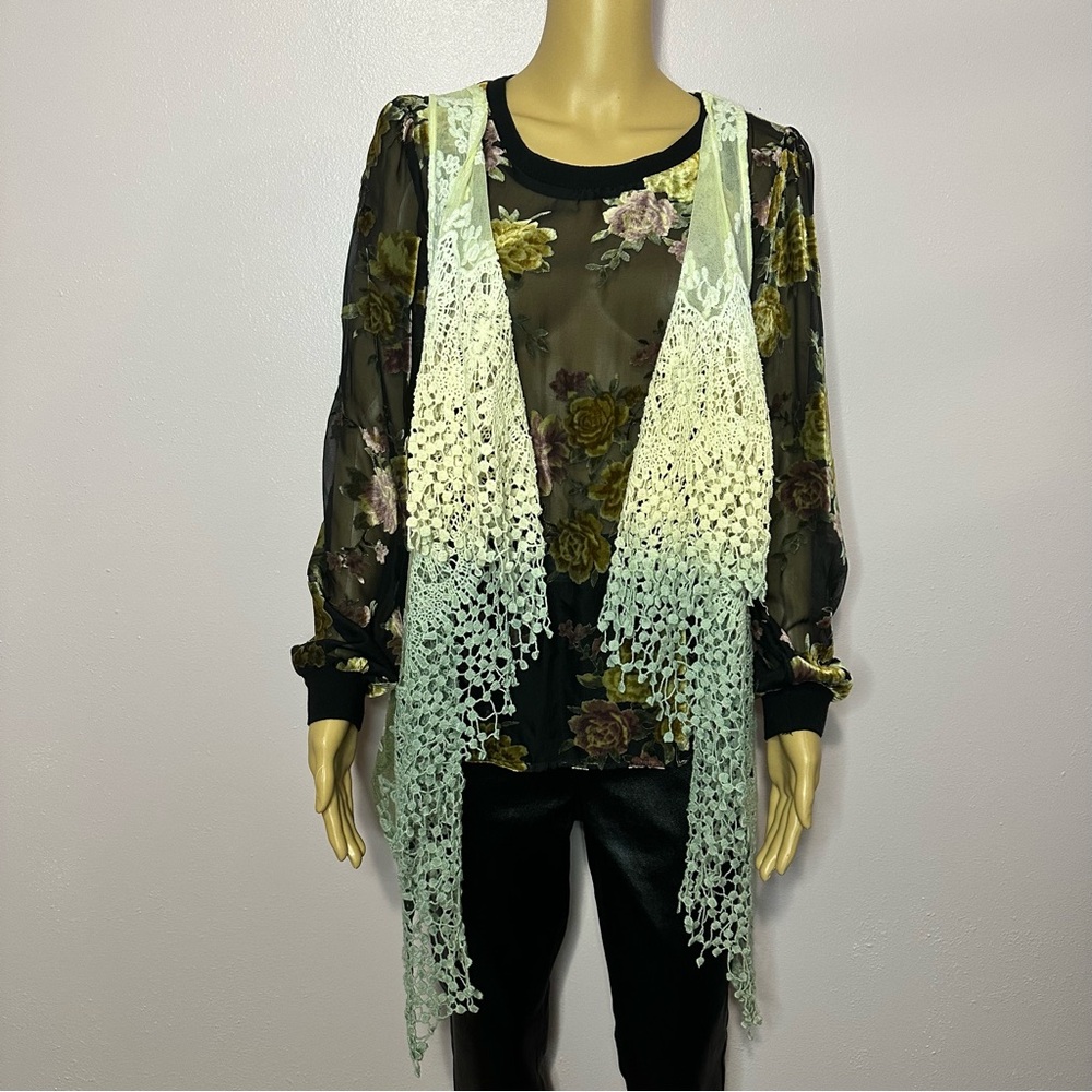 2 piece, sheer appliqué top & lace crochet vest, vintage inspired